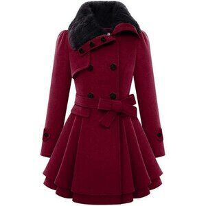 Women's Wine Red Zeagoo Winter Trench Coat Faux Fur Lapel Double Breasted